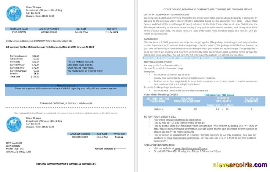 USA City of Chicago department of finance utility bill statements